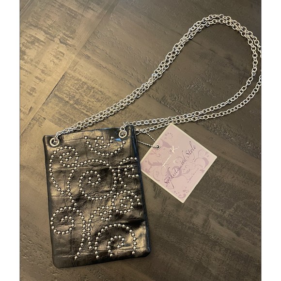 NEW -Youmi K. Black Croc Embossed Studded Crossbody Flat Pouch Faux Leather Bag - Picture 4 of 16